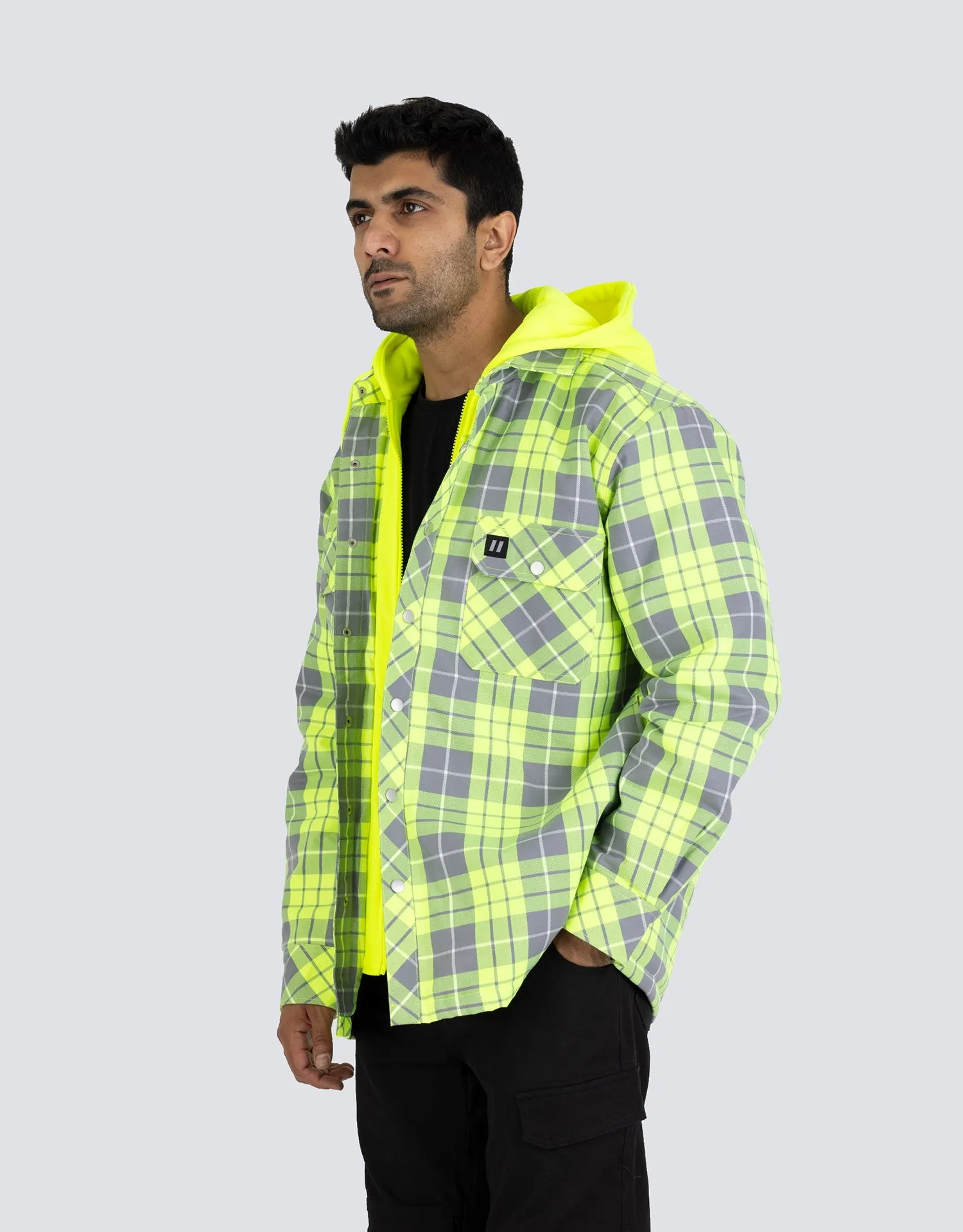 Hi Vis Hooded Plaid Quilt-Lined Flannel Shirt Jacket