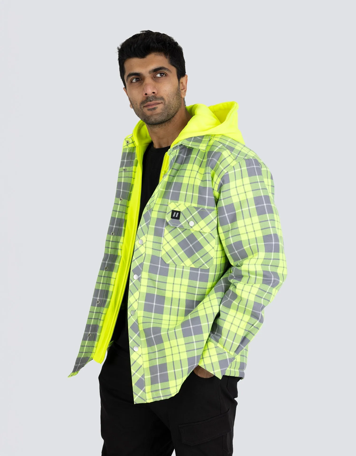 Hi Vis Hooded Plaid Quilt-Lined Flannel Shirt Jacket