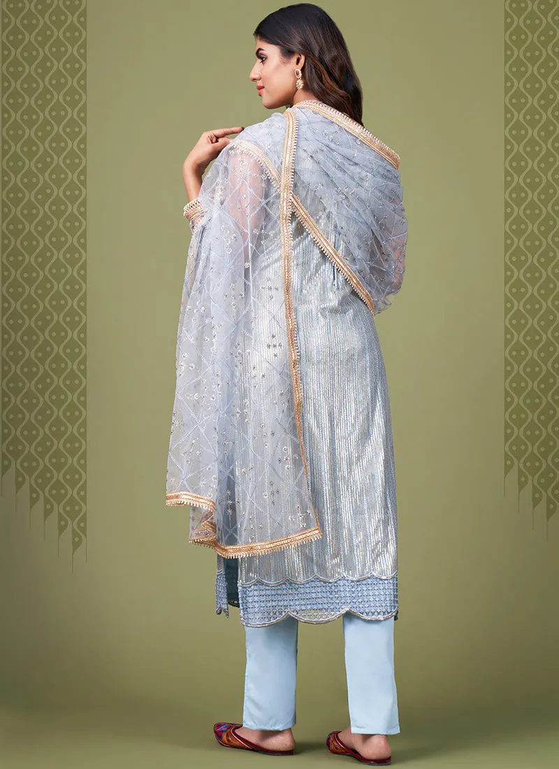 Ice Blue Sequence Embroidery Net Pant Style Suit