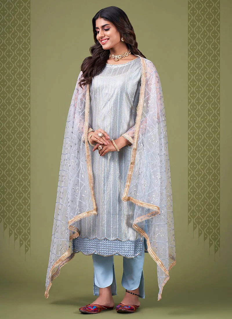 Ice Blue Sequence Embroidery Net Pant Style Suit