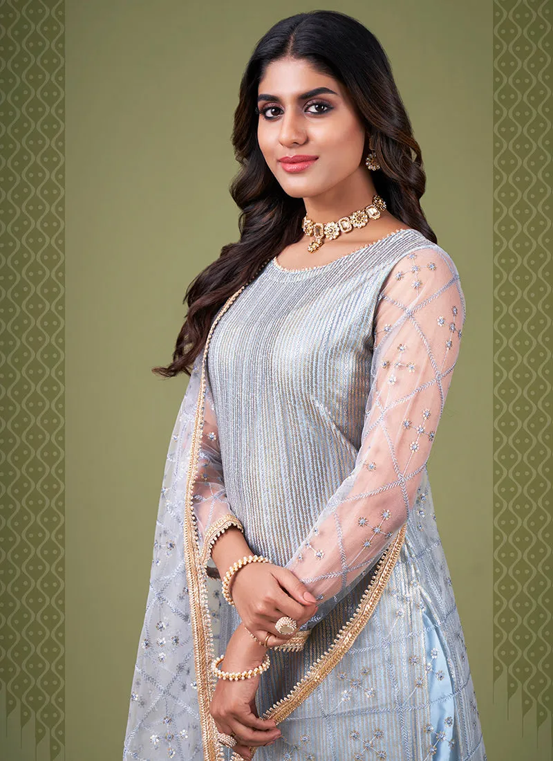 Ice Blue Sequence Embroidery Net Pant Style Suit