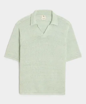 Inis Meáin Washed Linen Henley Polo in Green Marl