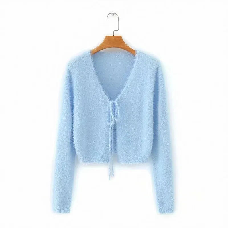 Lace-up V-neck Knitting Sweaters Crop Tops Cardigans