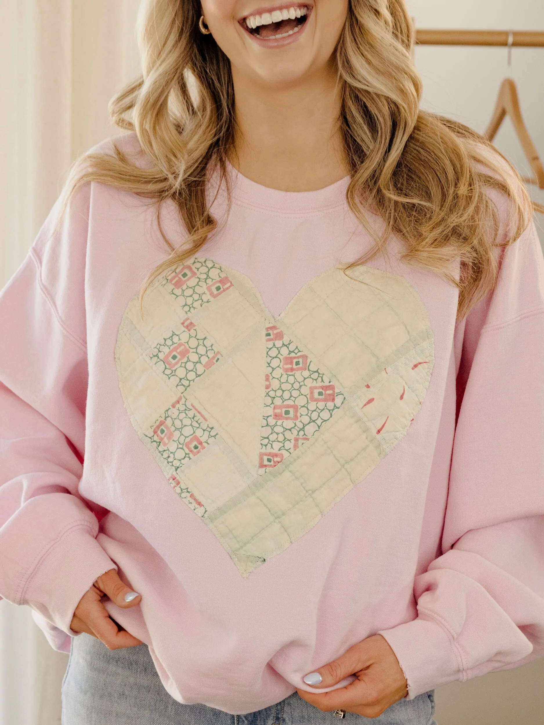 Large Heart Quilted Applique Pink Thrifted Sweatshirt