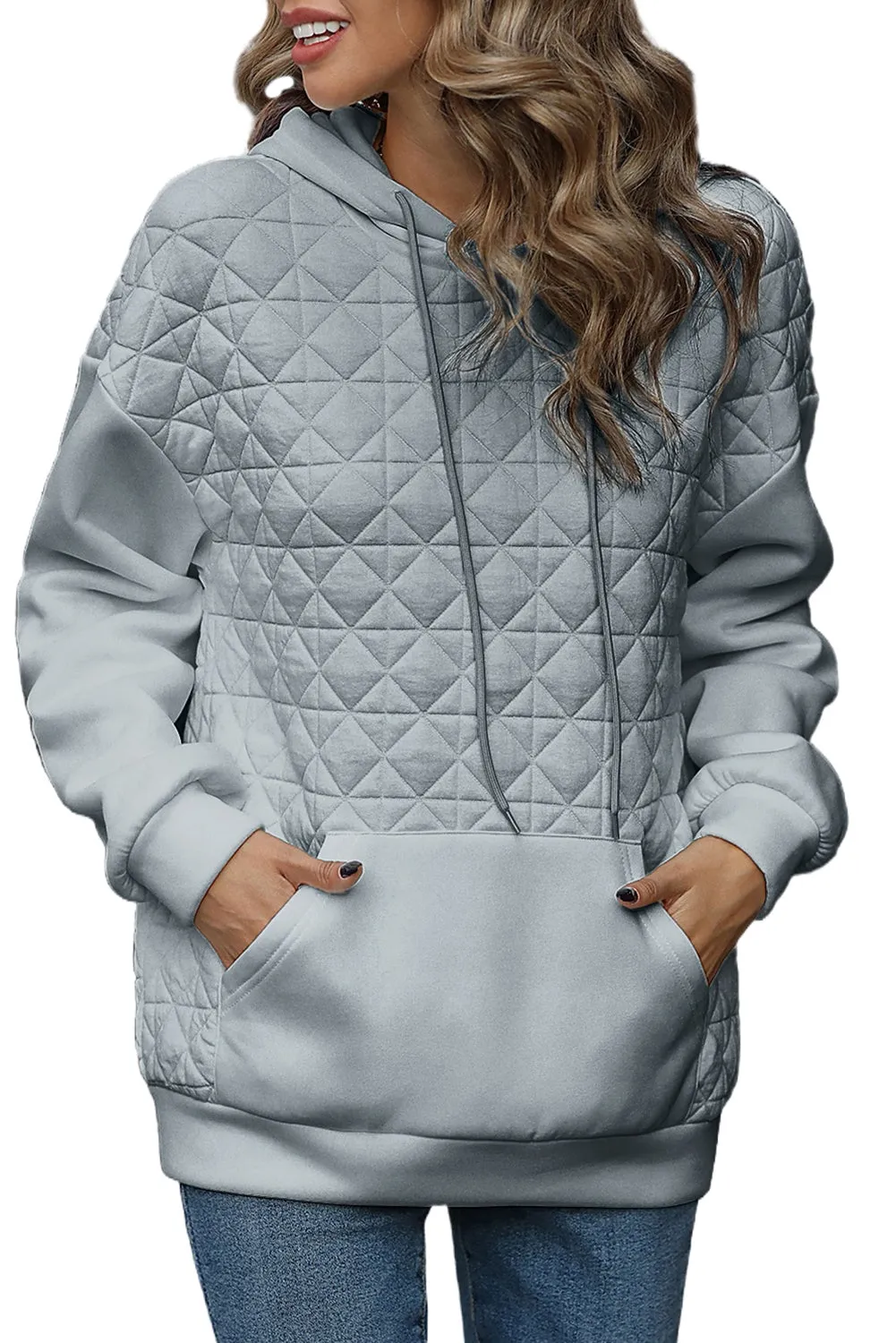 Light Grey Drop Shoulder Kangaroo Pocket Patchwork Quilted Hoodie