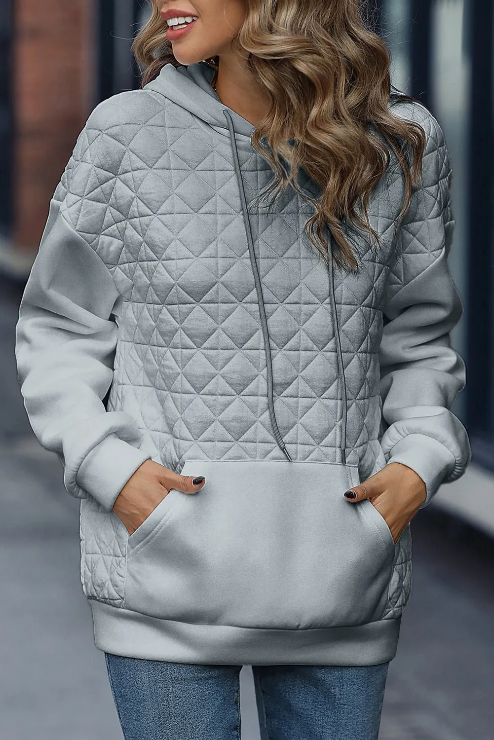 Light Grey Drop Shoulder Kangaroo Pocket Patchwork Quilted Hoodie