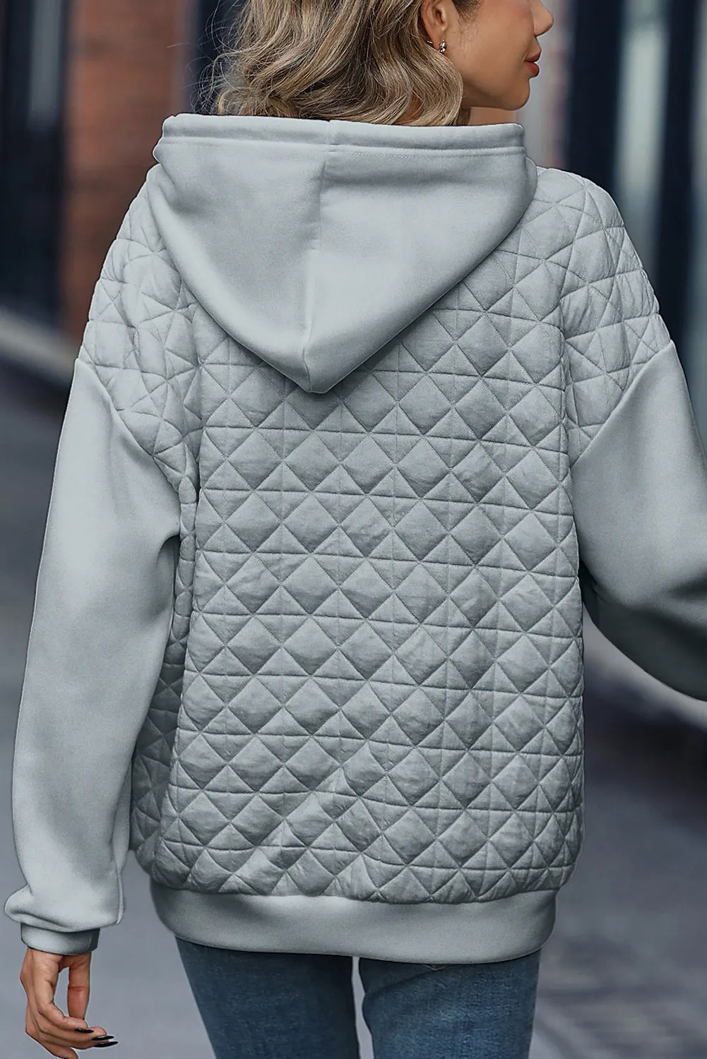 Light Grey Drop Shoulder Kangaroo Pocket Patchwork Quilted Hoodie