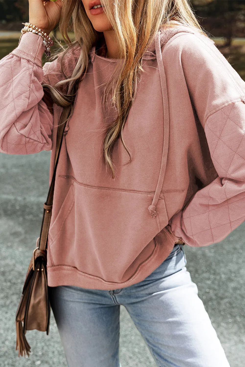 Light Pink Quilted Patchwork Exposed Seam Hoodie
