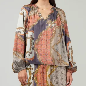Long Sleeve V-Neck Pleated Blouse