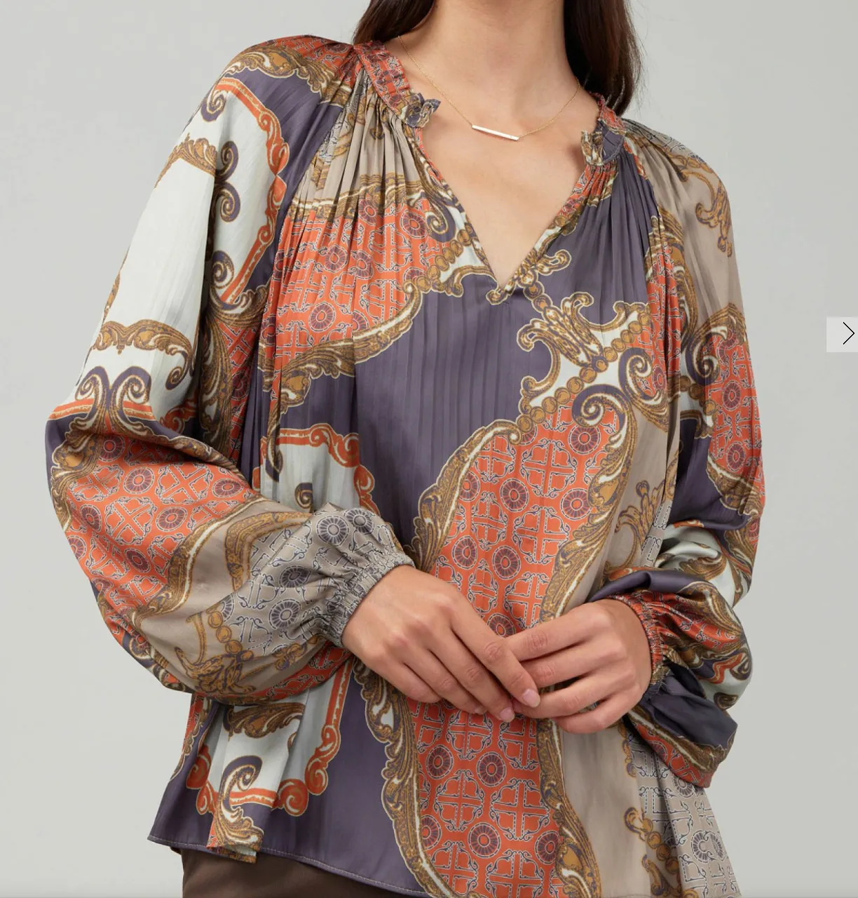 Long Sleeve V-Neck Pleated Blouse