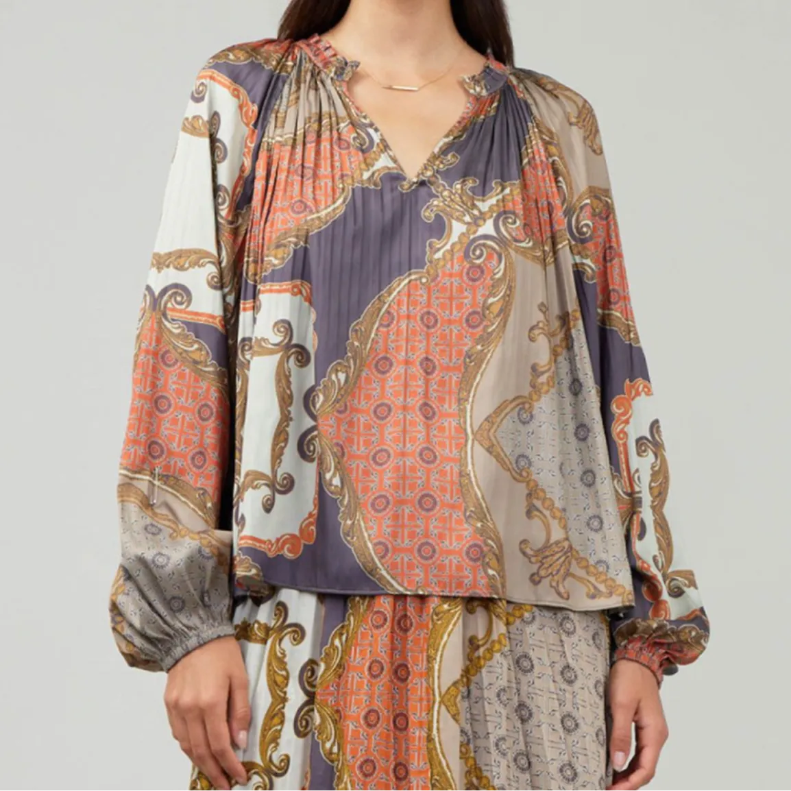Long Sleeve V-Neck Pleated Blouse