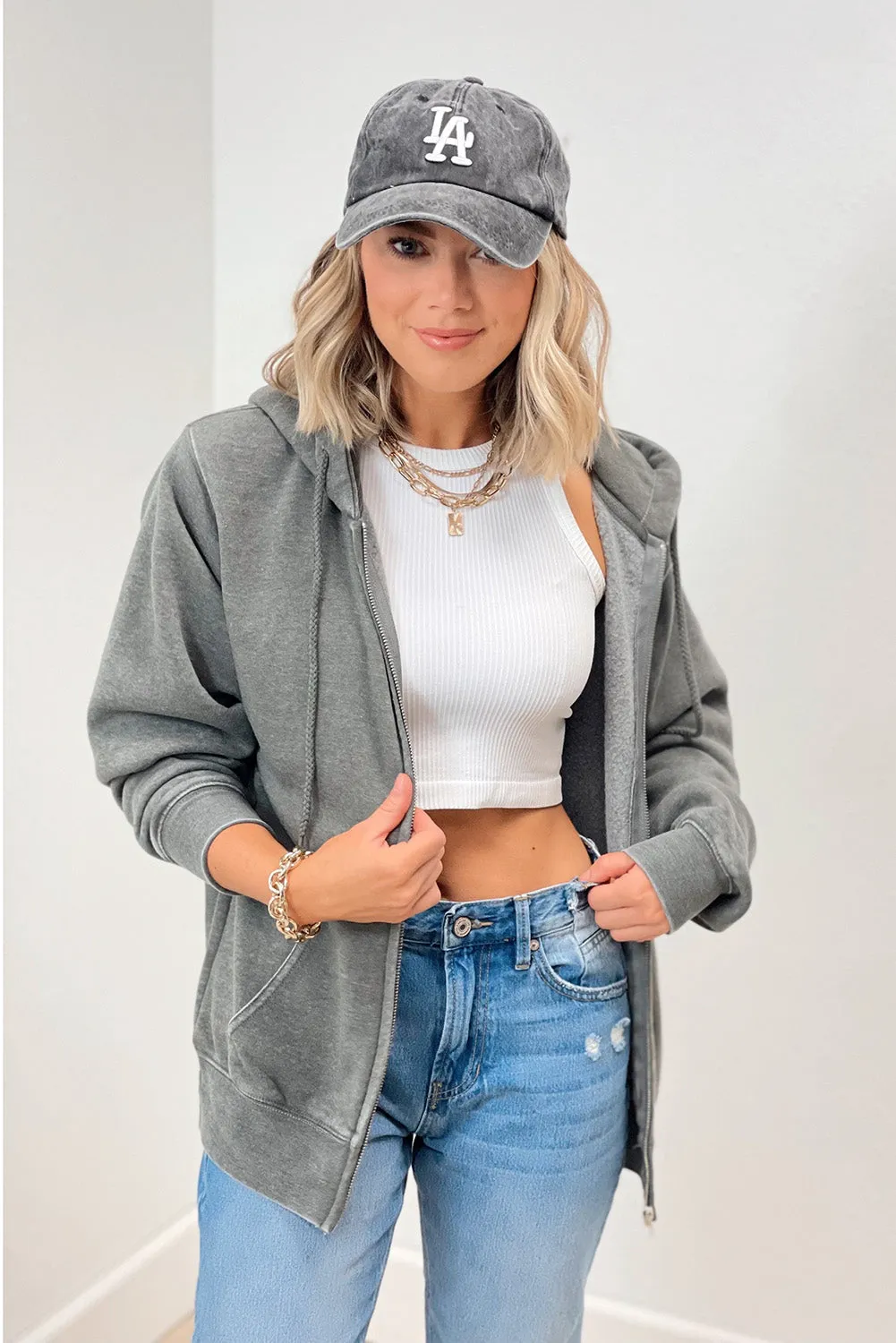 Medium Grey Solid Zip-Up Pocket Drawstring Hoodie