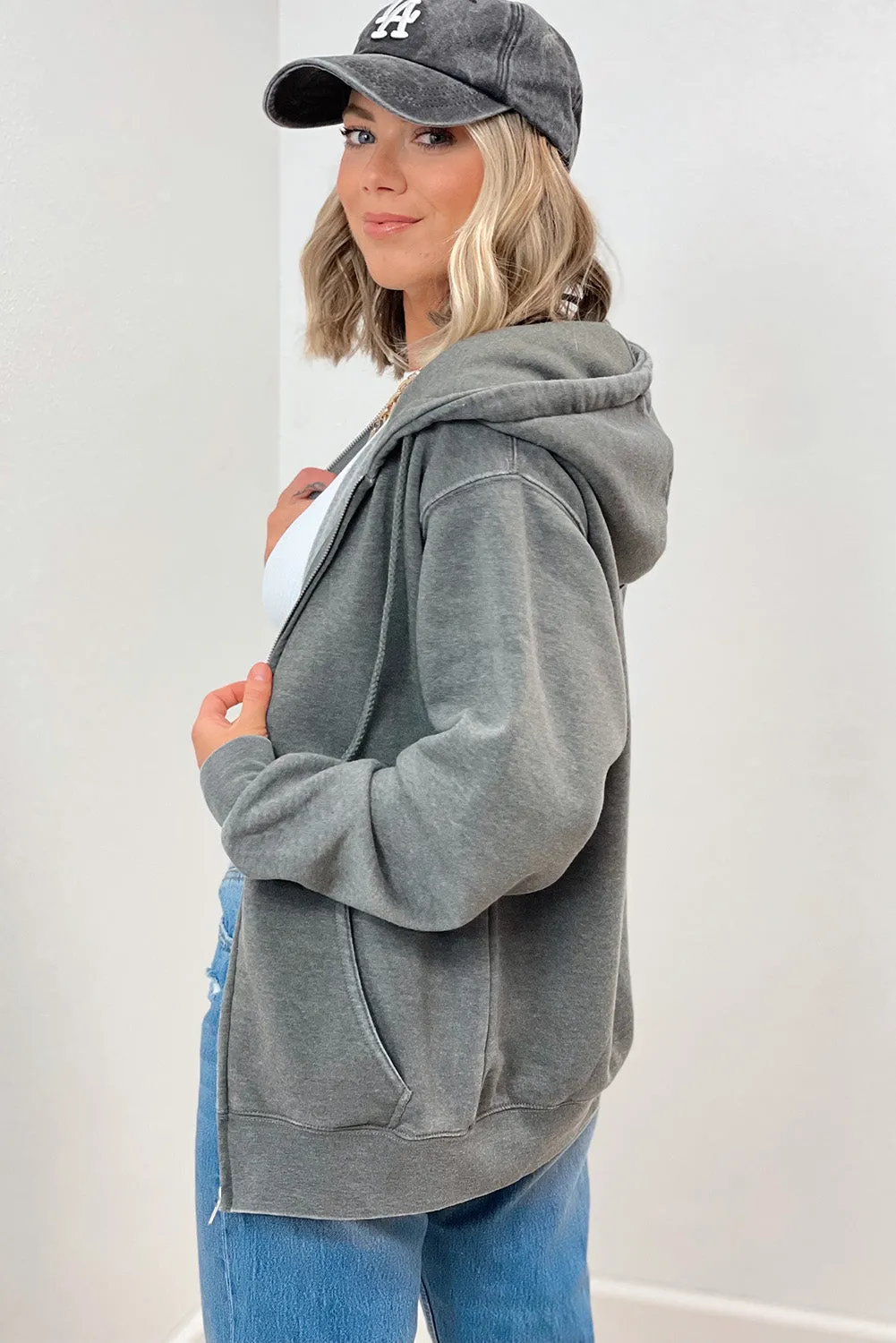 Medium Grey Solid Zip-Up Pocket Drawstring Hoodie