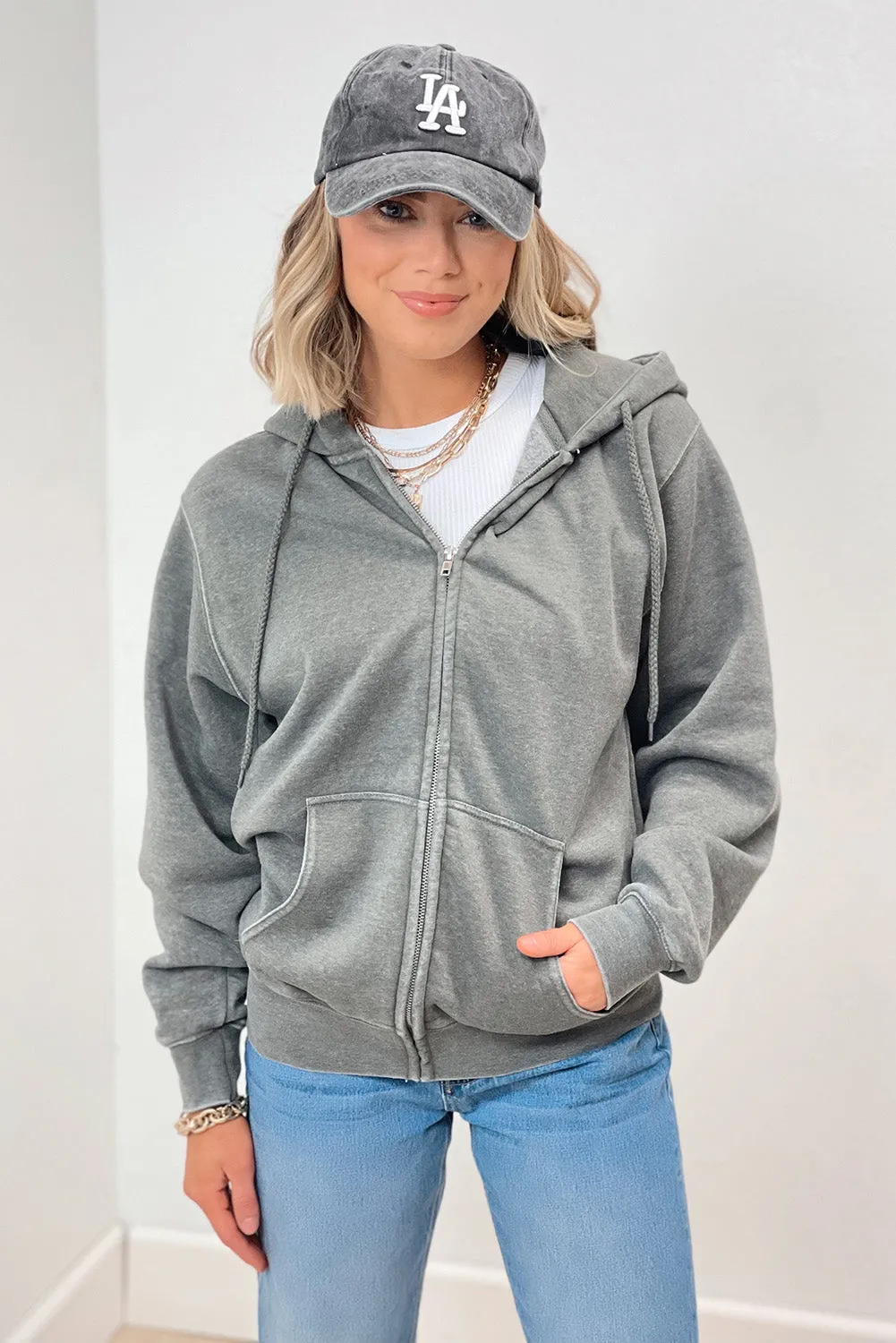 Medium Grey Solid Zip-Up Pocket Drawstring Hoodie