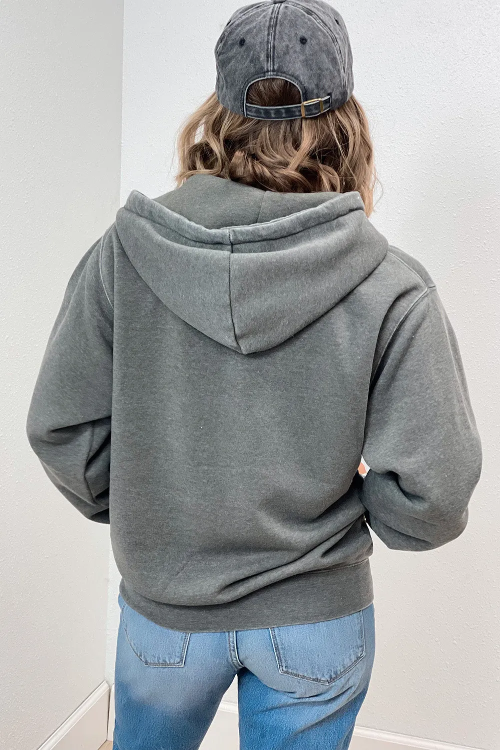 Medium Grey Solid Zip-Up Pocket Drawstring Hoodie