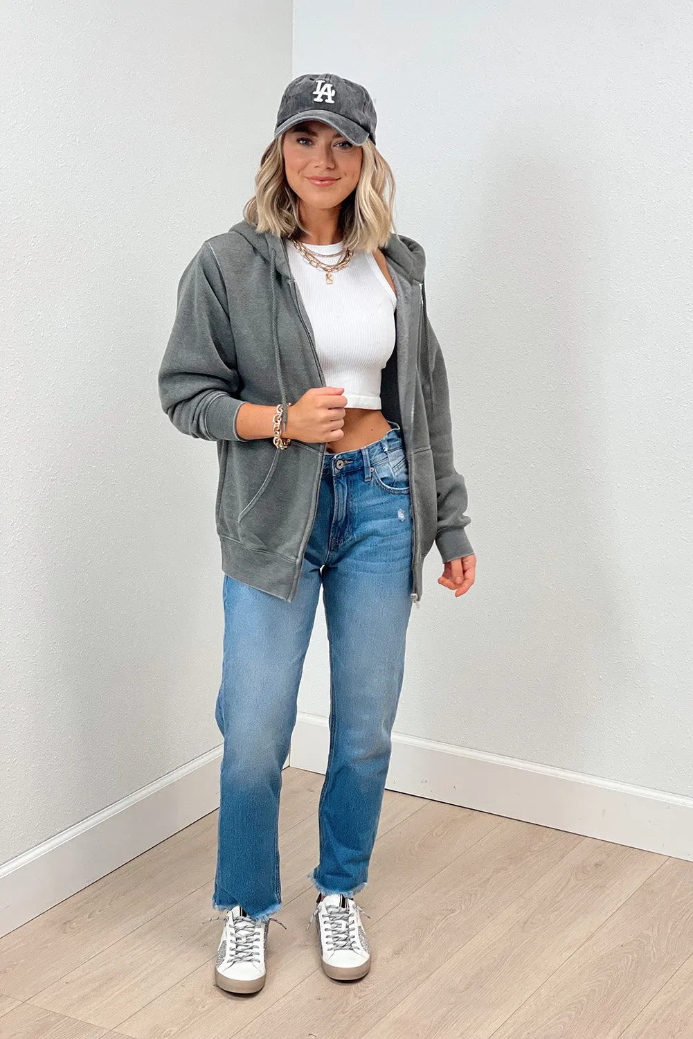 Medium Grey Solid Zip-Up Pocket Drawstring Hoodie
