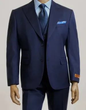 Mens Peak Lapel Modern Fit - No Pleated Pants Designer Brand Navy 3 Piece Vested Chest Pocket Suit