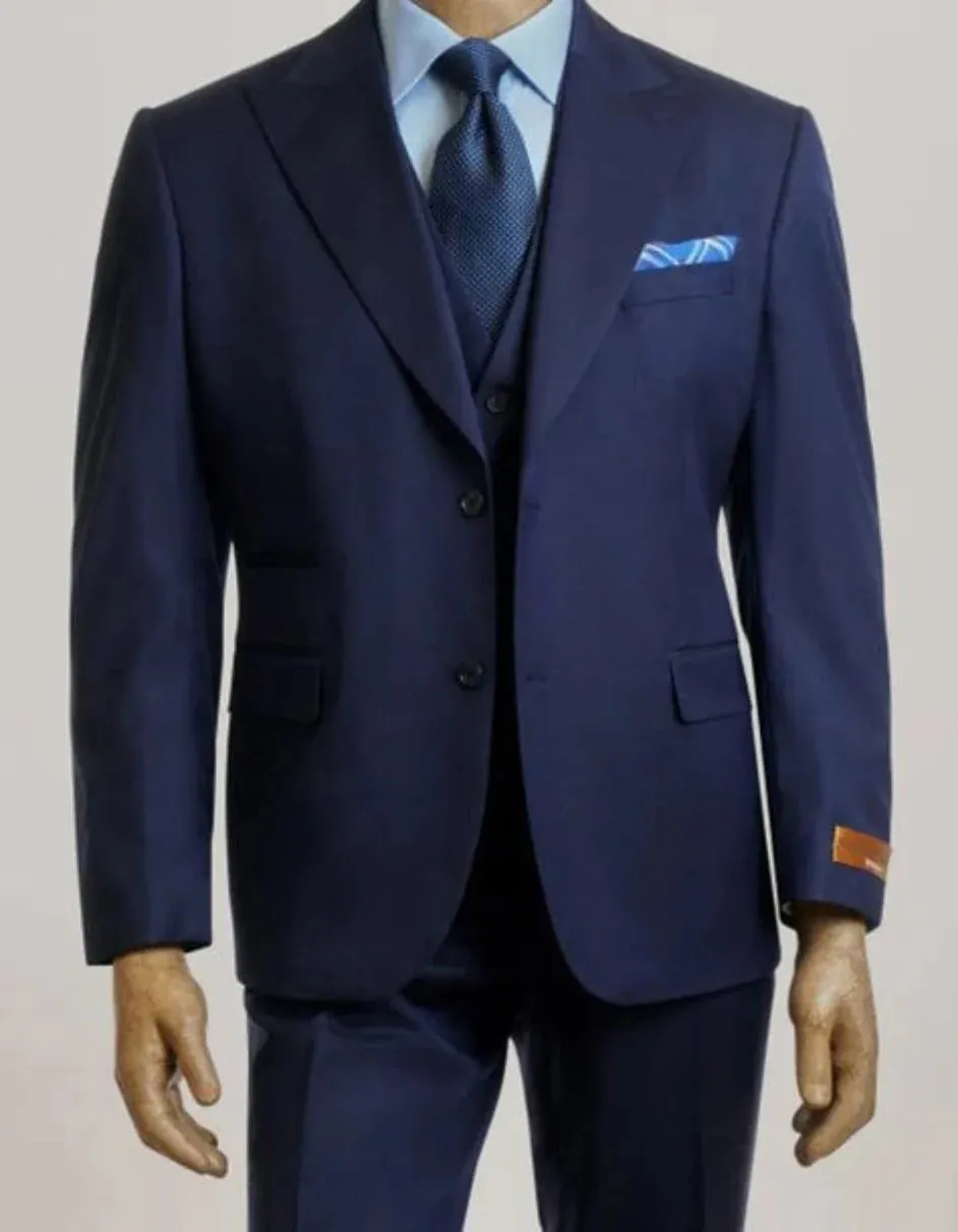 Mens Peak Lapel Modern Fit - No Pleated Pants Designer Brand Navy 3 Piece Vested Chest Pocket Suit