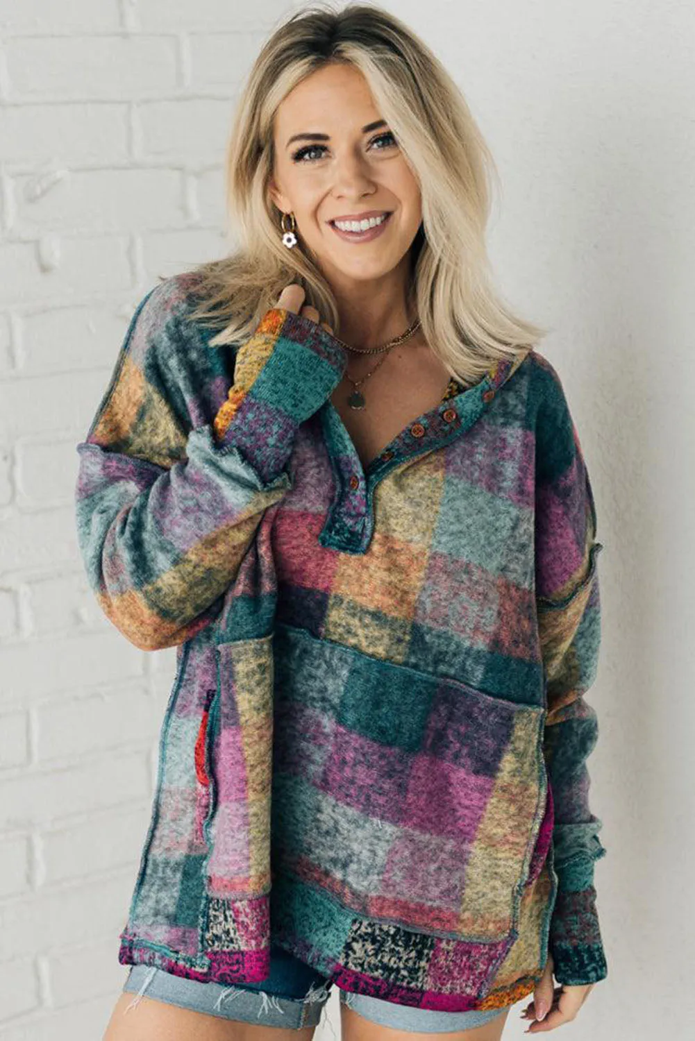 Multicolor Plaid Print Kangaroo Pocket Buttoned Pullover Hoodie
