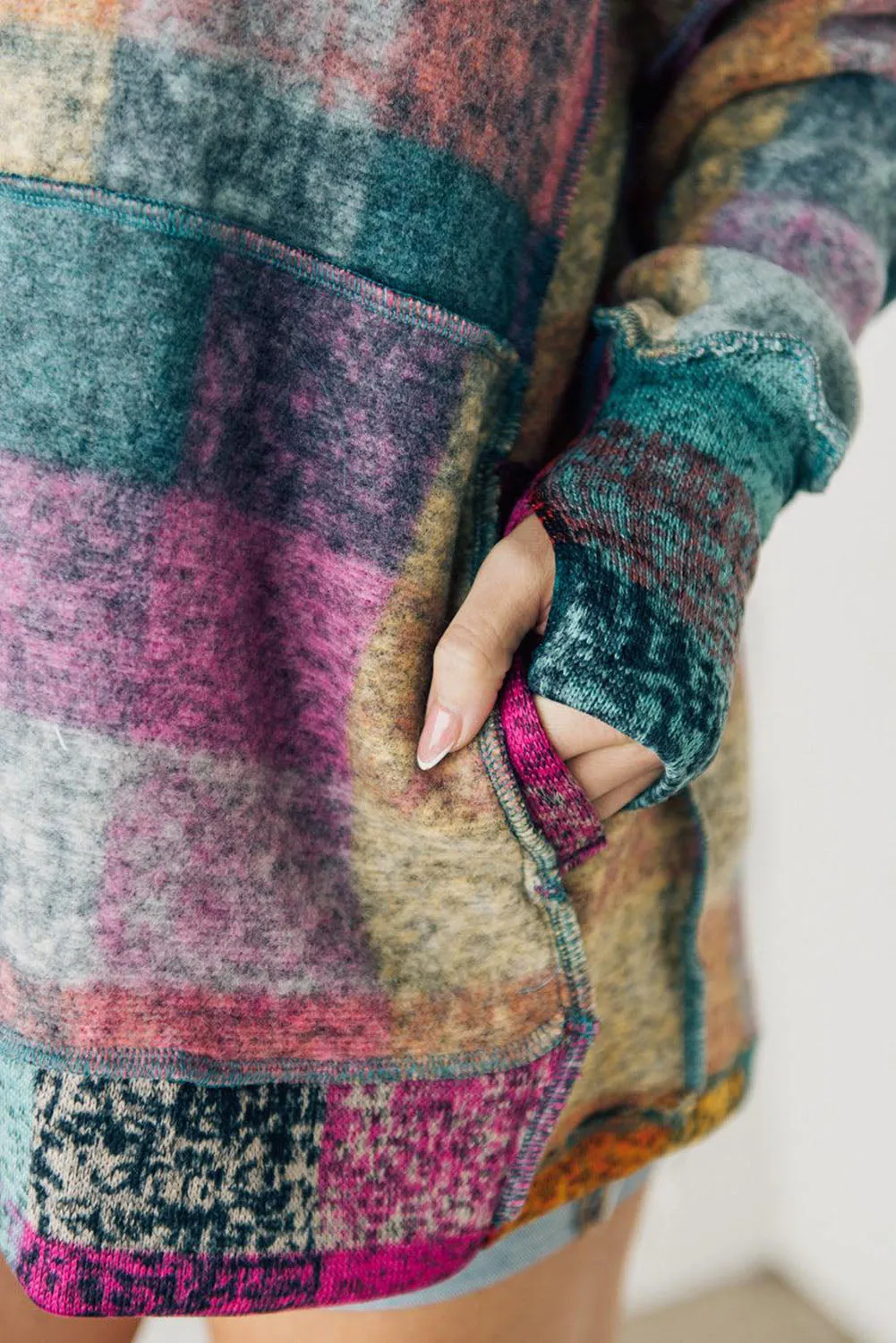 Multicolor Plaid Print Kangaroo Pocket Buttoned Pullover Hoodie