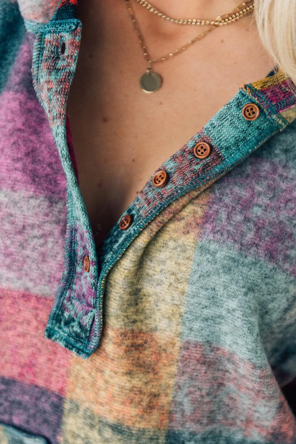 Multicolor Plaid Print Kangaroo Pocket Buttoned Pullover Hoodie