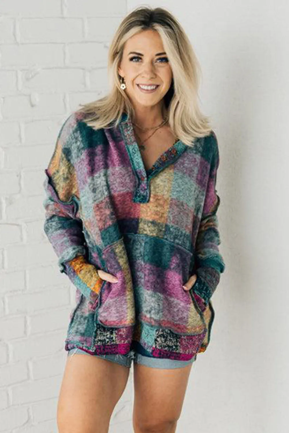 Multicolor Plaid Print Kangaroo Pocket Buttoned Pullover Hoodie
