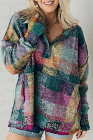 Multicolor Plaid Print Kangaroo Pocket Buttoned Pullover Hoodie