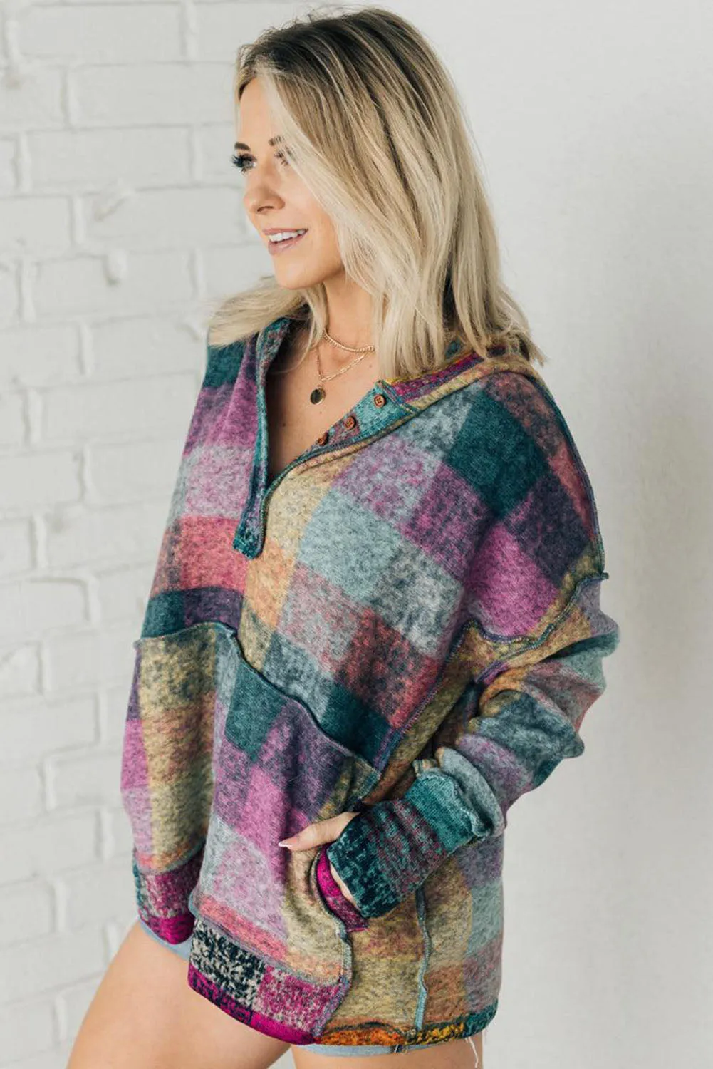 Multicolor Plaid Print Kangaroo Pocket Buttoned Pullover Hoodie