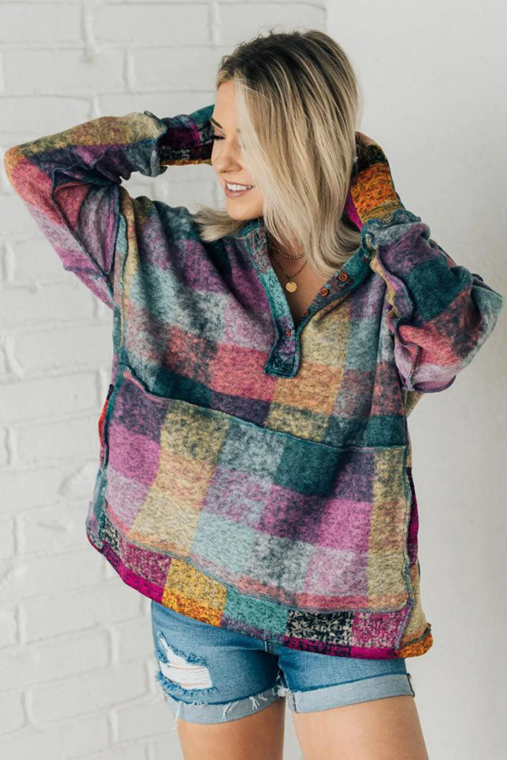 Multicolor Plaid Print Kangaroo Pocket Buttoned Pullover Hoodie