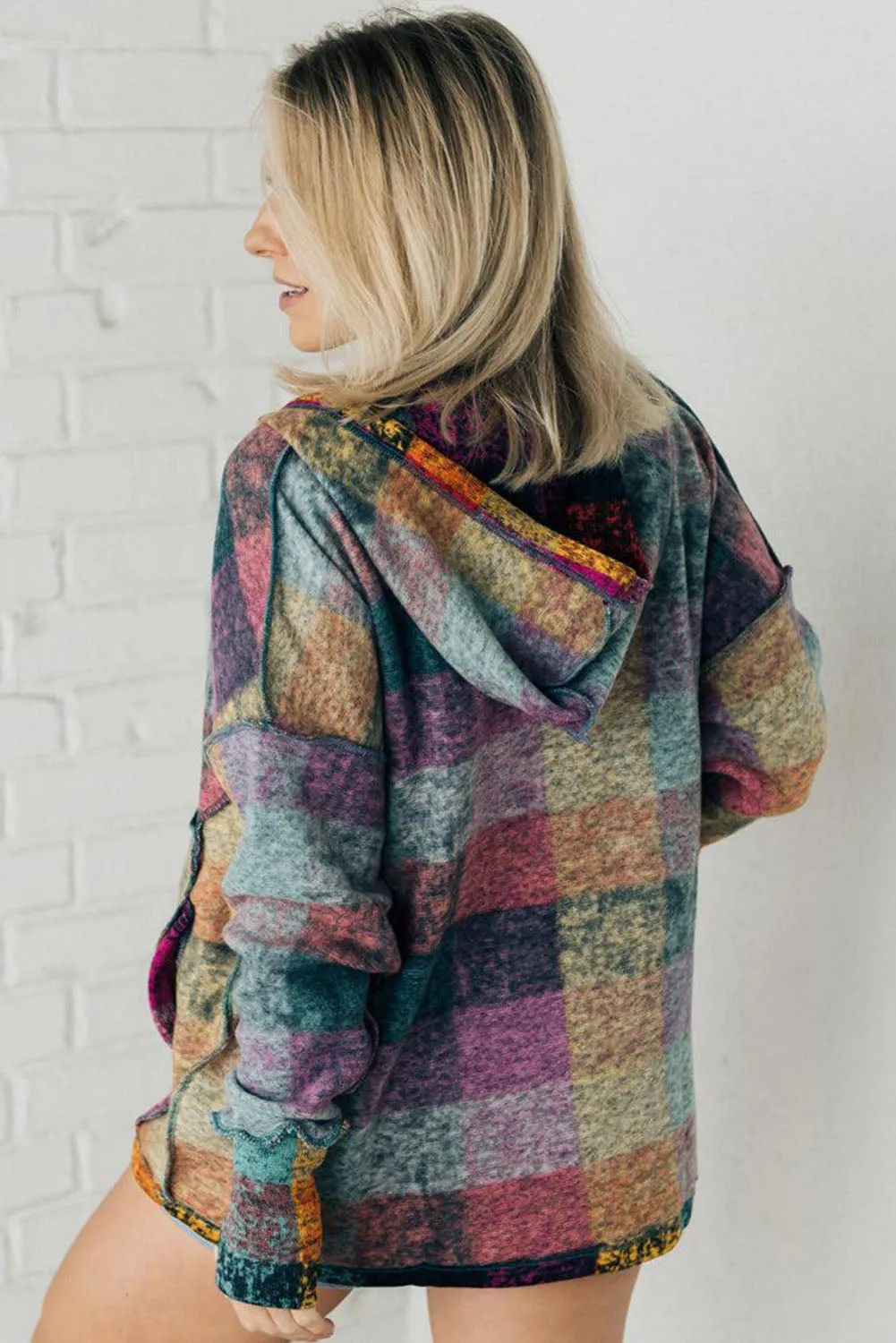 Multicolor Plaid Print Kangaroo Pocket Buttoned Pullover Hoodie