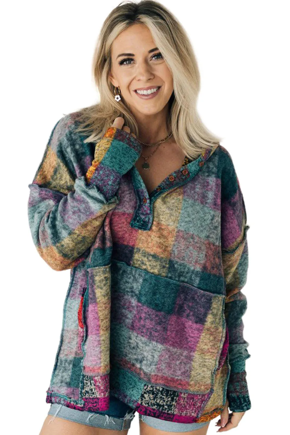 Multicolor Plaid Print Kangaroo Pocket Buttoned Pullover Hoodie