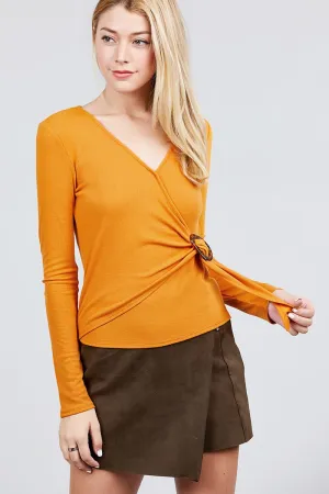 Mustard Color V-neck Ribbed Knit Top With Buckle On Side
