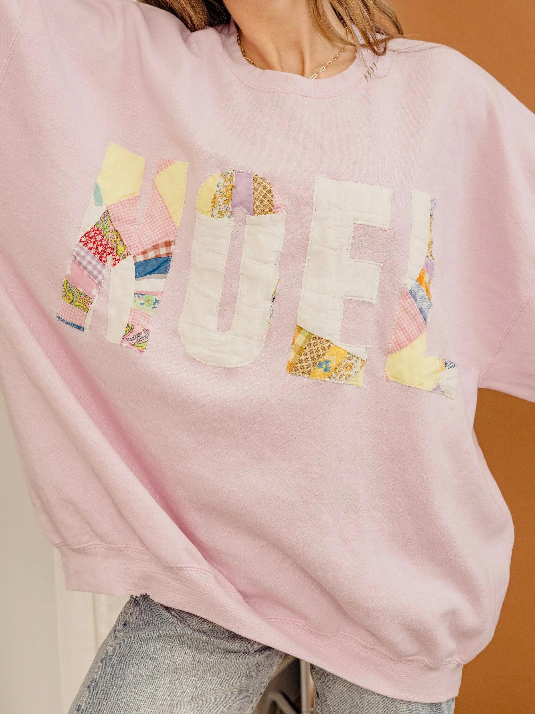 NOEL Quilted Applique Pink Thrifted Sweatshirt