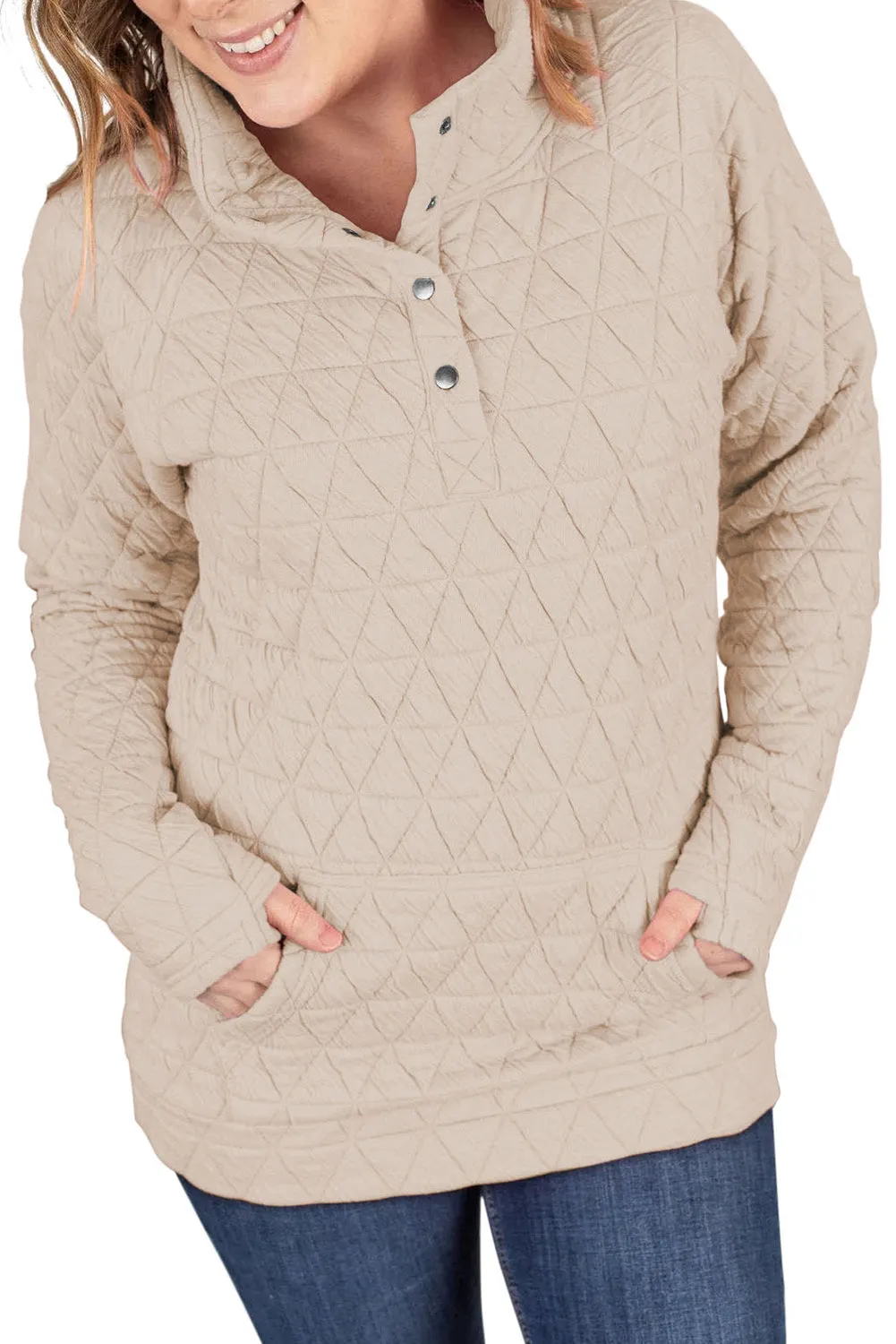 Oatmeal Quilted Button High Neck Thumbhole Sleeve Sweatshirt
