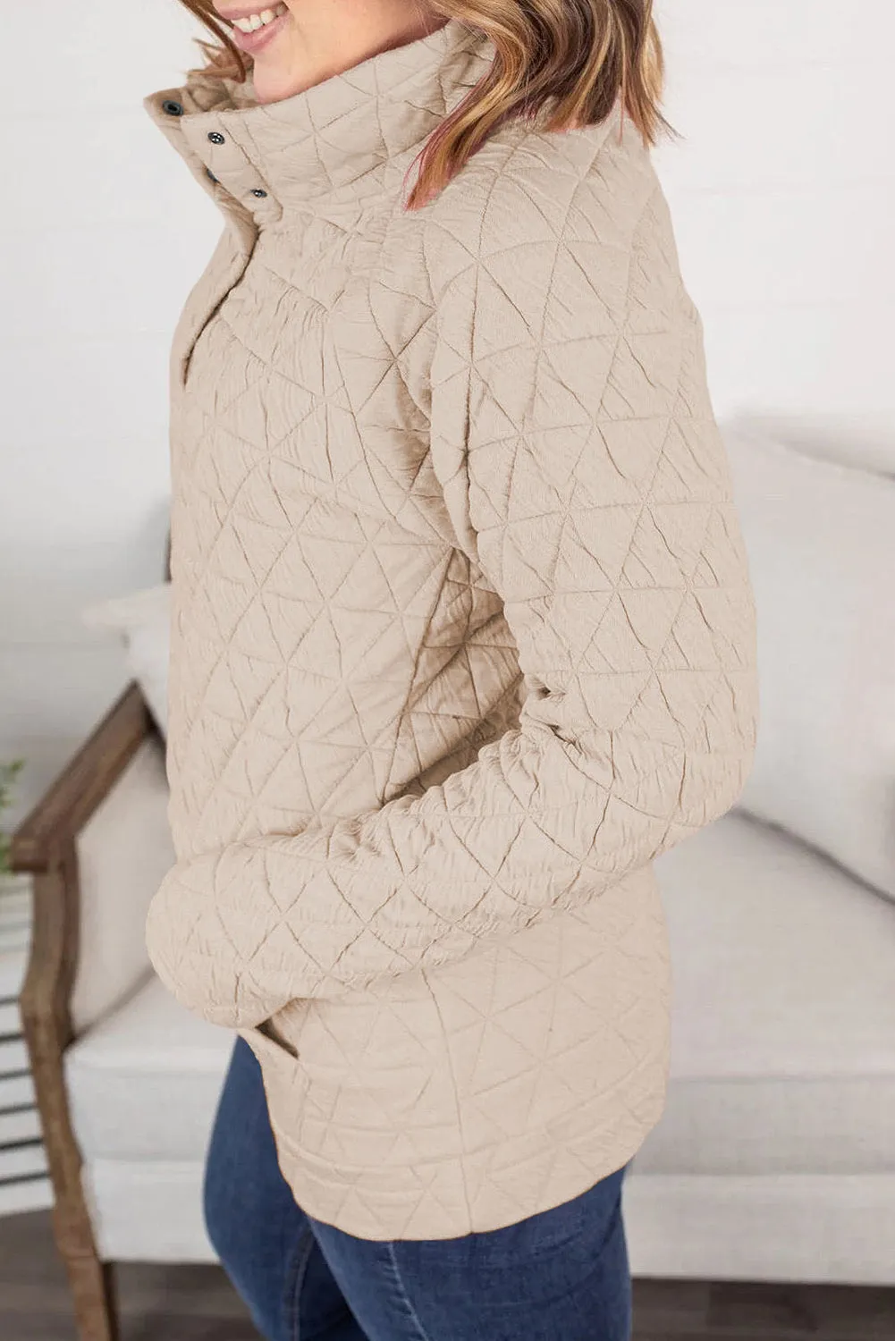 Oatmeal Quilted Button High Neck Thumbhole Sleeve Sweatshirt
