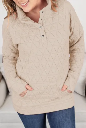 Oatmeal Quilted Button High Neck Thumbhole Sleeve Sweatshirt