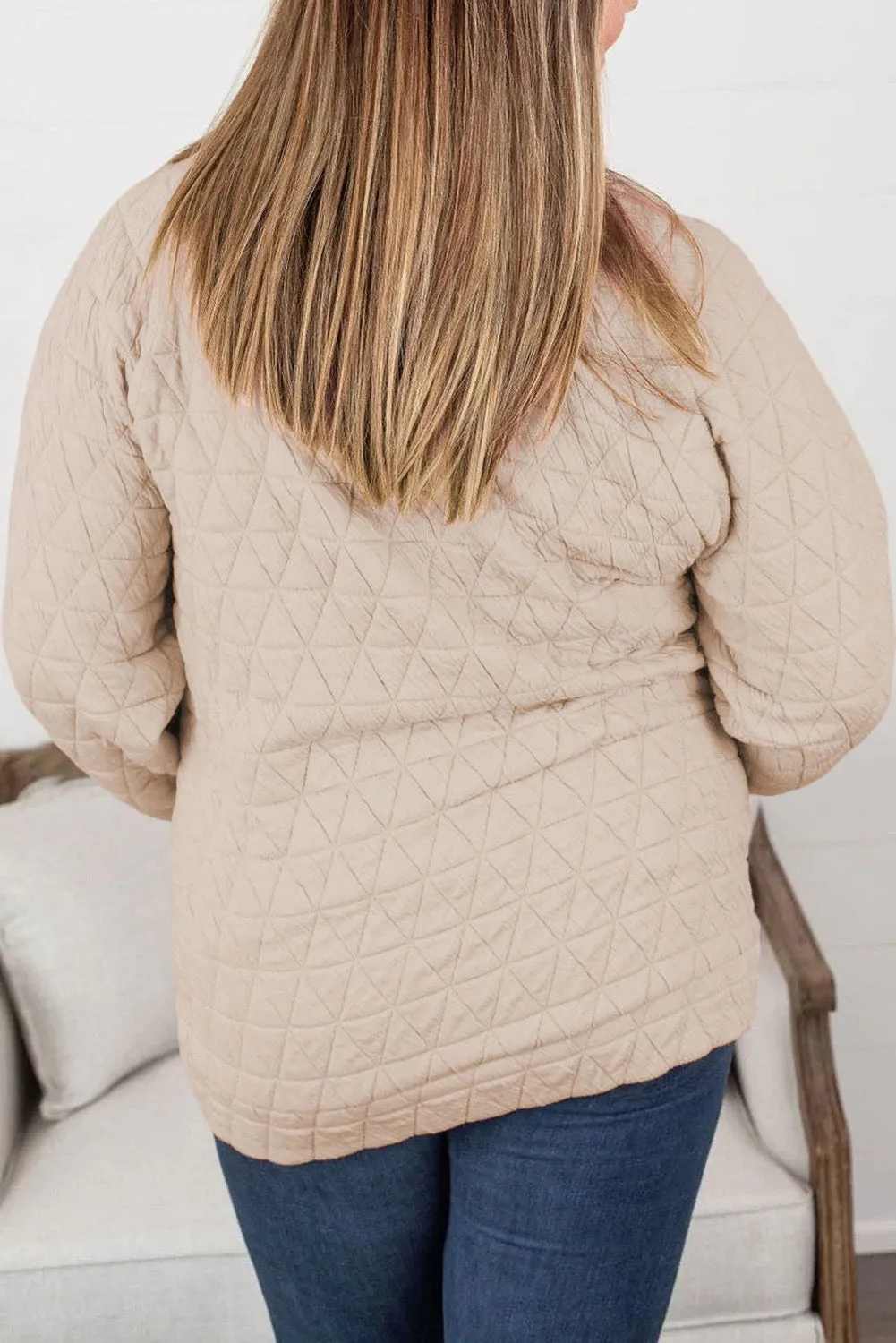 Oatmeal Quilted Button High Neck Thumbhole Sleeve Sweatshirt