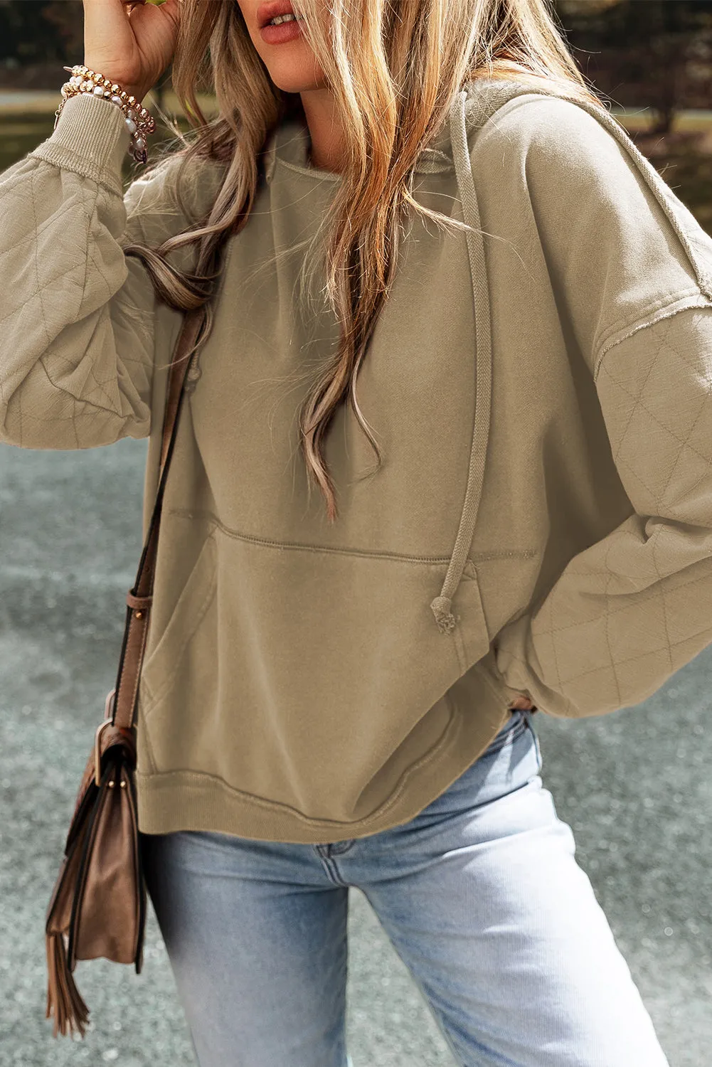 Parchment Quilted Patchwork Exposed Seam Hoodie