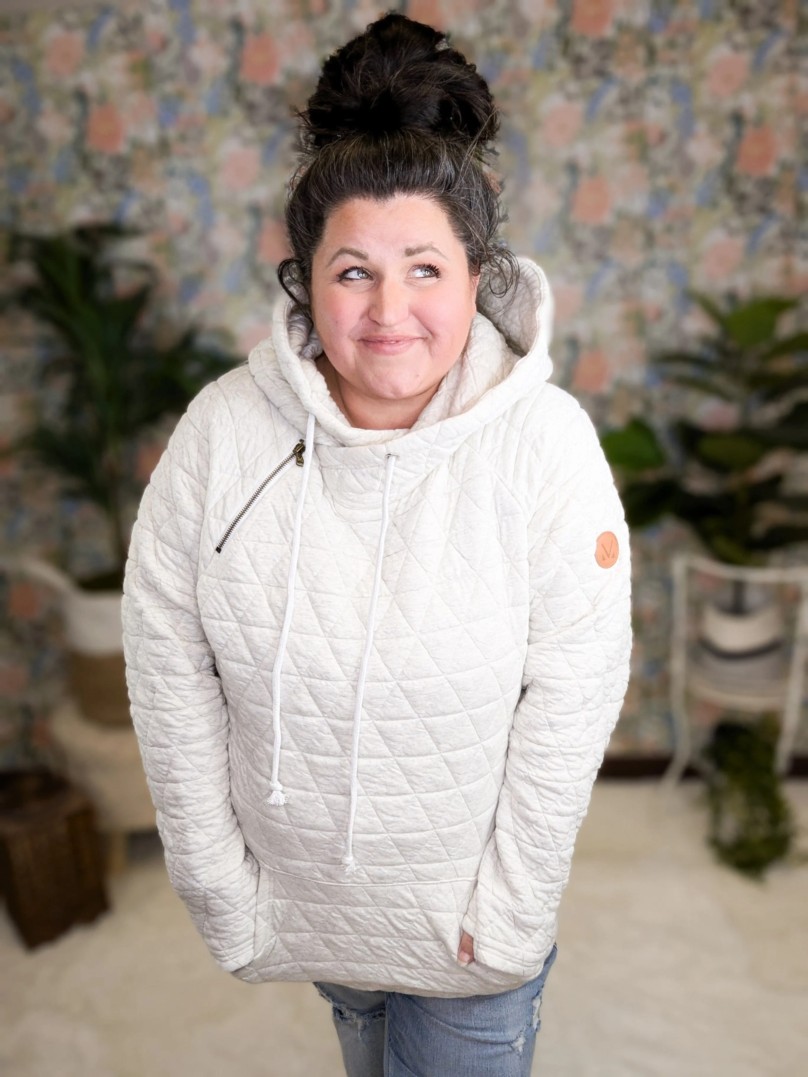 PHC- Quilted Asymmetrical Zip Hoodie in Oatmeal