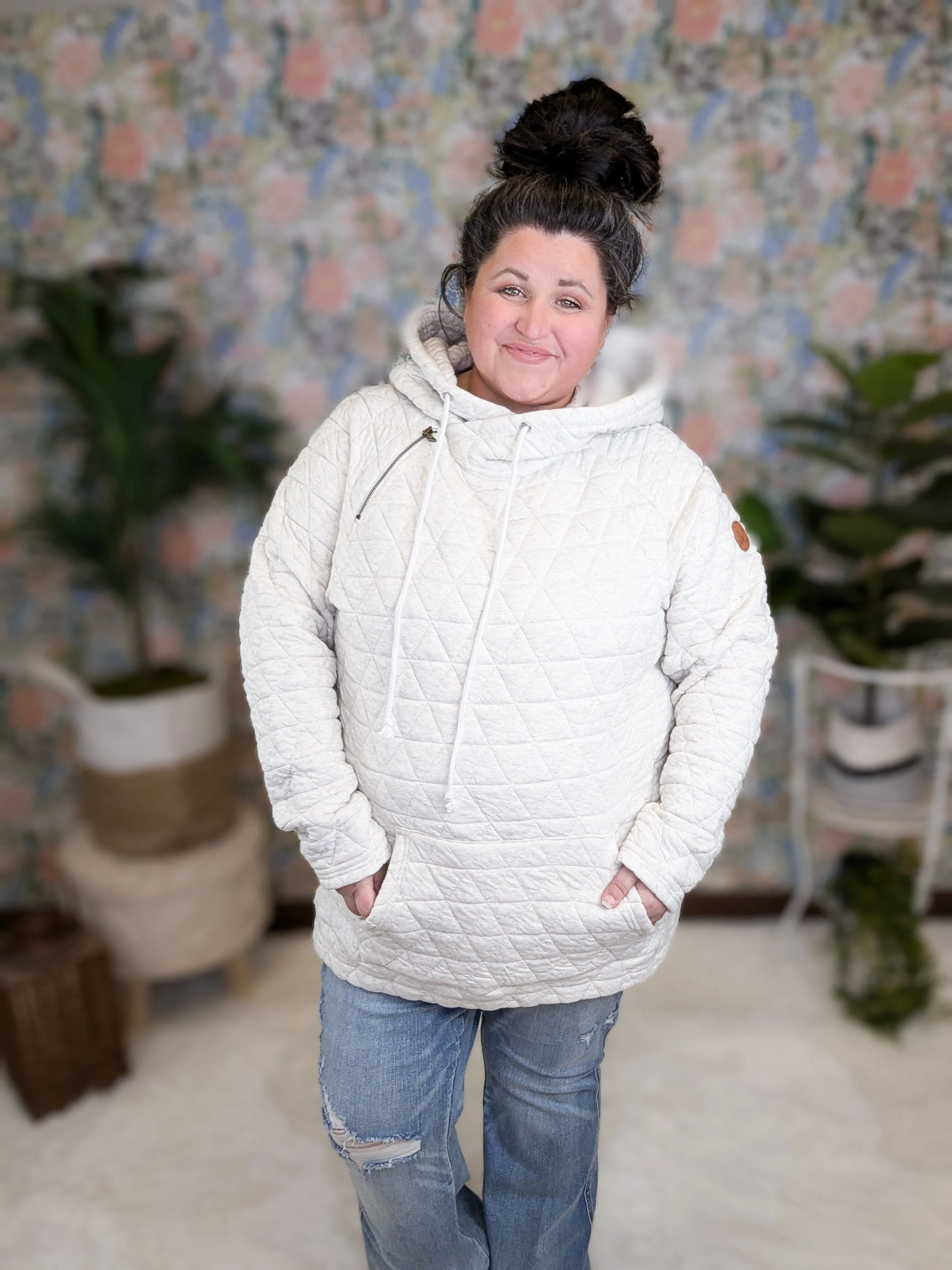 PHC- Quilted Asymmetrical Zip Hoodie in Oatmeal