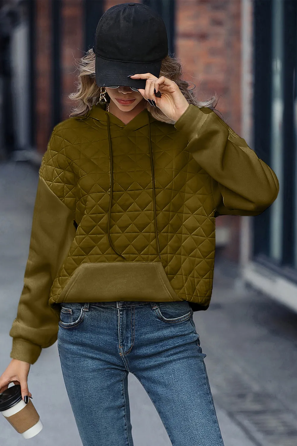Pickle Green Drop Shoulder Kangaroo Pocket Patchwork Quilted Hoodie