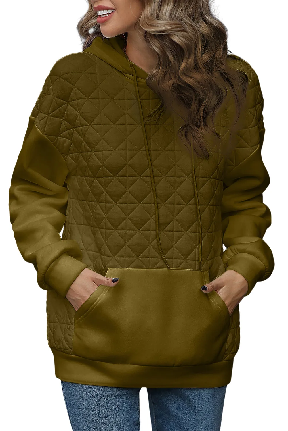 Pickle Green Drop Shoulder Kangaroo Pocket Patchwork Quilted Hoodie