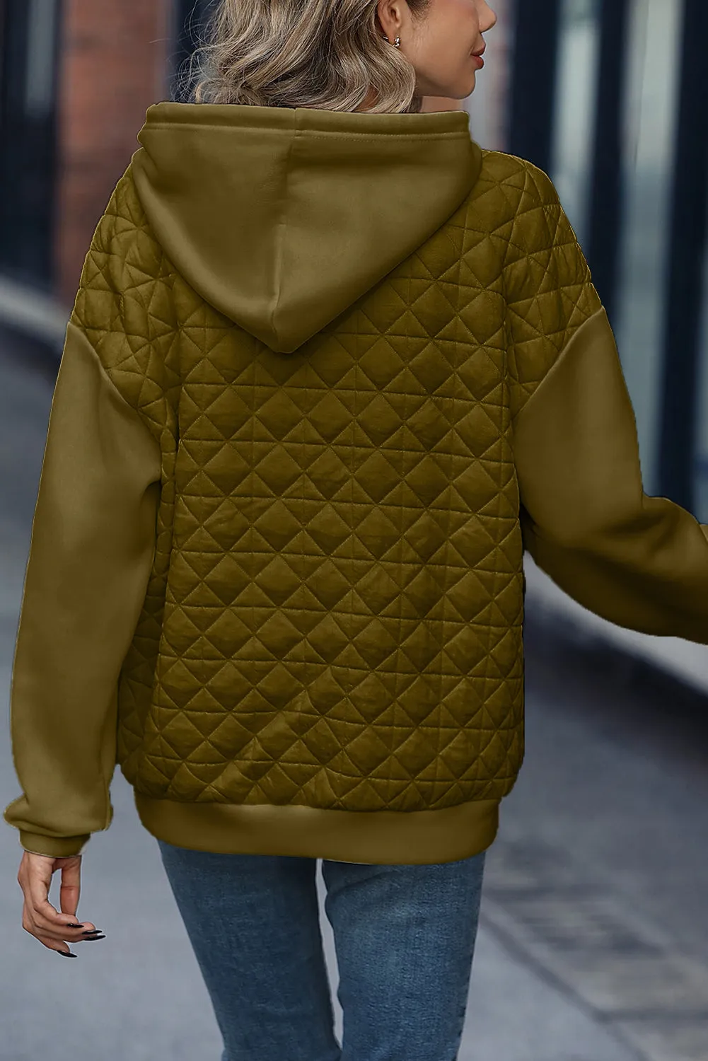 Pickle Green Drop Shoulder Kangaroo Pocket Patchwork Quilted Hoodie