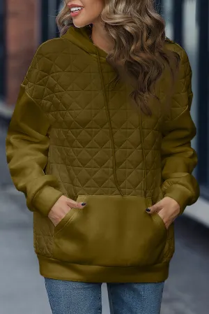 Pickle Green Drop Shoulder Kangaroo Pocket Patchwork Quilted Hoodie