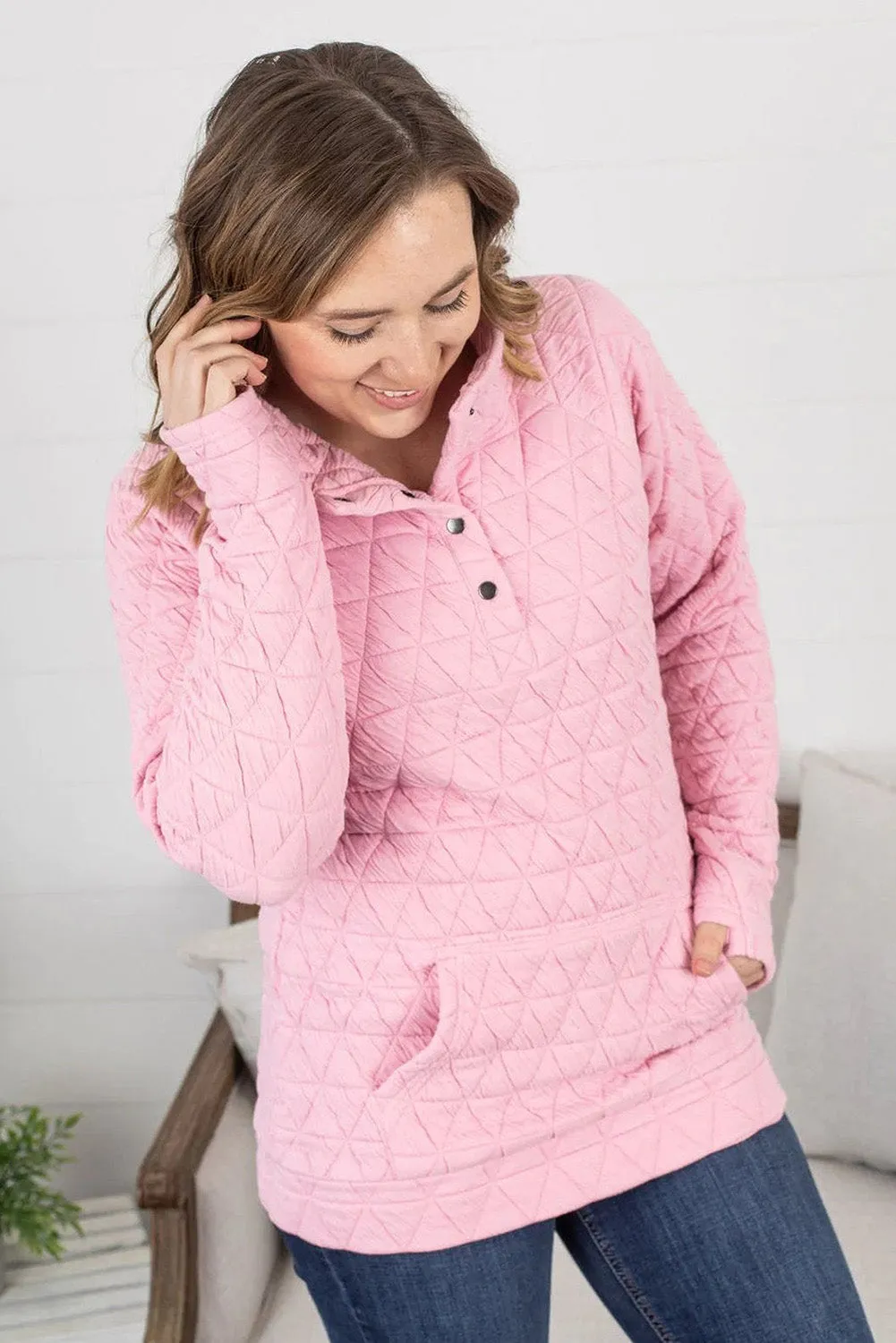 Pink Quilted Button High Neck Thumbhole Sleeve Sweatshirt