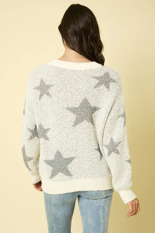 Plus Long Sleeve V-neck Star Print Sweater
