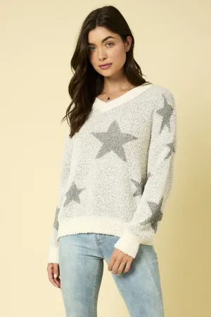 Plus Long Sleeve V-neck Star Print Sweater