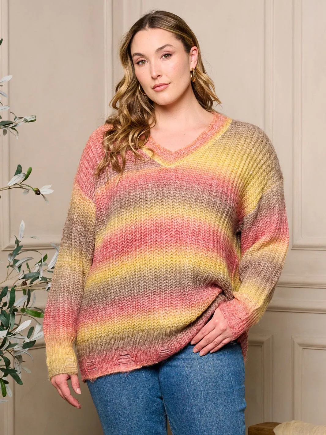 PLUS SIZE LONG SLEEVE V-NECK PULLOVER COLORBLOCK DISTRESS SWEATER