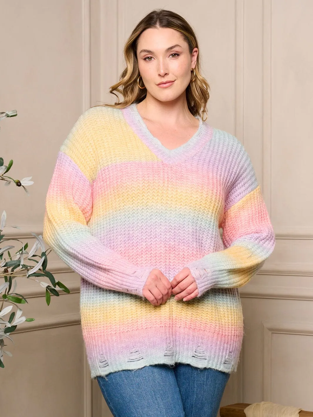 PLUS SIZE LONG SLEEVE V-NECK PULLOVER COLORBLOCK DISTRESS SWEATER
