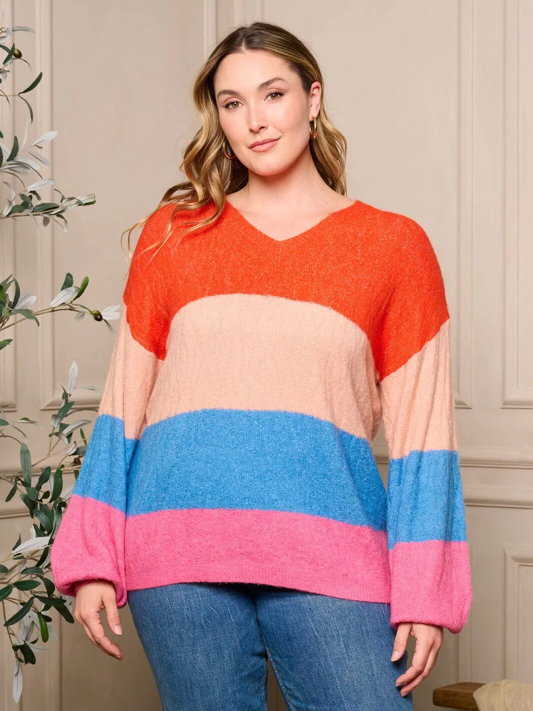 PLUS SIZE LONG SLEEVE V-NECK PULLOVER COLORBLOCK SWEATER